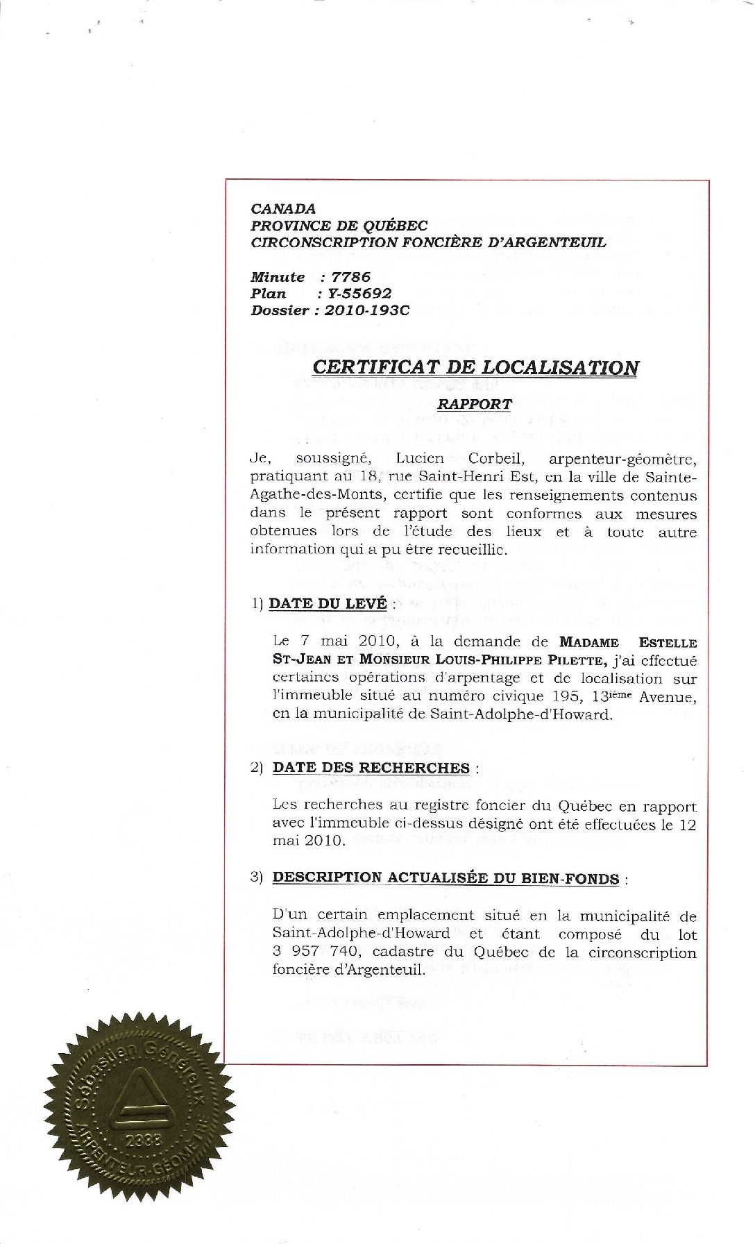 Certificat Localisation originale Rado Corbeil G n reux